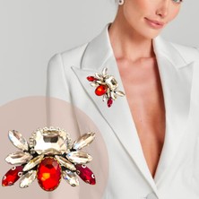 Pegu Kırmızı-Gümüş Renk Zirkon Taşlı El Yapımı ,Yaka Broş,Yaka Çiçeği,Okul,İş,Hediyelik
