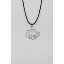 Alooya Lotus Çiçeği Siyah Deri İp Kolye - Antik Gümüş Kaplama - Kadın Erkek - 60 cm