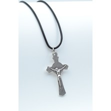 Alooya Hz. İsa Haç Gümüş Kaplama Deri İp Kolye