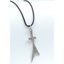 Alooya Pentagram Elektro Gitar Gümüş Kaplama Deri İp Kolye