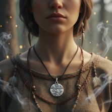 Alooya Türk Kam - Şaman Davulu Gümüş Kaplama Deri İp Kolye