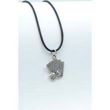 Alooya Maça As Poker İskambil - Zar Gümüş Kaplama Deri İp Kolye