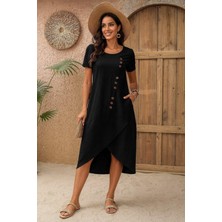 Mossta Bisiklet Yaka Düğme Detaylı Müslin Elbise - Siyah