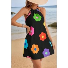 Mossta Çiçek Desenli Halter Yaka Mini Süprem Elbise - Siyah