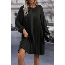 Mossta Yuvarlak Yaka Pileli Ithal Krep Elbise - Siyah