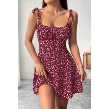 Mossta Askılı Kare Yaka Büzgü Detaylı Mini Süprem Elbise - Kırmızı