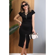 Mossta Kısa Kollu Fermuar Detaylı Viskon Iki Iplik Elbise - Siyah