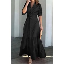 Mossta Uzun Kollu Gömlek Yaka Düğmeli Kuşaklı Uzun Elbise - Siyah