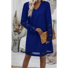 Mossta V Yaka Tül Şerit Detaylı Kısa Elbise - Saks