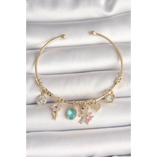 Luord Ticaret Pirinç Gold Renk Sallantı Zirkon Taşlı Ayıcık Figür Kalp Detay Charm Kadın Bileklik