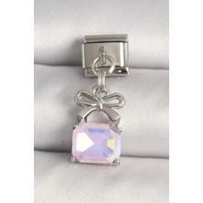 Luord Ticaret 316L Çelik Gümüş Renk Pembe Zirkon Taşlı Çanta Model Nomination Charm