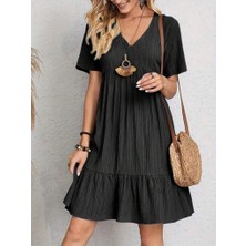 Pusula Sepeti Kadın Kısa Kollu V Yakalı Fırfırlı Bürümcük Elbise
