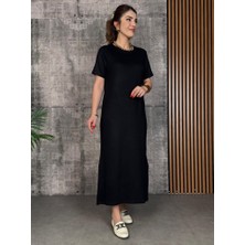 Pusula Sepeti Kadın Kısa Kollu Bisiklet Yaka Yırtmaçlı Viskon Iki Iplik Elbise