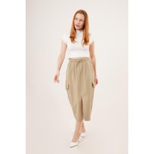 Pusula Sepeti Ön Yırtmaçlı Cep Detaylı Haki Etek