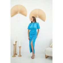 Pusula Sepeti Mavi Jakarlı ve Desenli Elbise