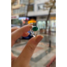 Erer Gümüş Gümüş 10X8 mm Yeşil Akik Taşlı Yüzük