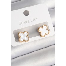 Nuvigo 316L Çelik Gold Renk Beyaz Minelik Yonca Model Kadın Küpe - TJ-BKP10197