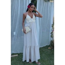 Pusula Sepeti Göğsü Trikolu Keten Uzun Elbise 2904-08