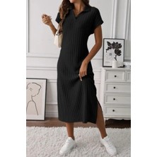 Mossta Polo Yaka Yırtmaç Detaylı Fitilli  Elbise - Siyah