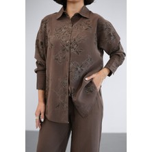 Kadın Kahve Premium Modal Salaş Gömlek Pantolon Takım