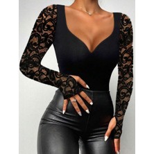 Melen Moda Kadın Uzun Kollu Dantelli Dekolte Detaylı Dalgıç Bluz