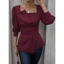 Passense Kadın Uzun Kollu Geometrik Yakalı Belden Oturmalı Ithal Krep Bluz