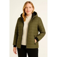 Tiana Şişme Kapüşonlu Fermuarlı Mont Su Itici Kapitone Astarlı Kumaş Cepli Kışlık Rahat Kalıp - Haki