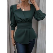Arben Boutique Kadın Uzun Kollu Geometrik Yakalı Belden Oturmalı Ithal Krep Bluz