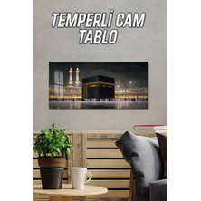 KutuTR 3D Görünümlü Temperli Cam Tablo – Kâbe Gece Işıklı Manzara Uv Baskı 60X30 cm - TVD024