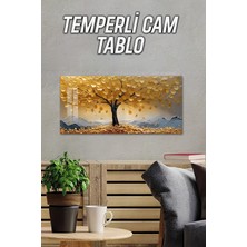 KutuTR 3D Görünümlü Temperli Cam Tablo – Altın Yapraklı Ağaç Manzara Uv Baskı 60×30 Cm- TVD052
