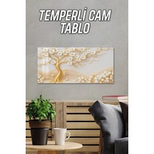 KutuTR 3D Görünümlü Temperli Cam Tablo – Beyaz Çiçekli Altın Ağaç Uv Baskı 60×30 Cm- TVD054