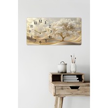 KutuTR 3D Görünümlü 2d Uv Baskı Temperli Cam Saat Tablo–altın Dalgalar ve Beyaz Çiçek Ağacı 60X30CM -YSL003