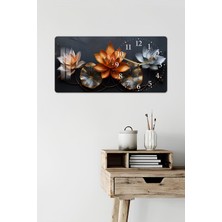 KutuTR 3D Görünümlü 2d Uv Baskı Yatay Temperli Cam Saat Tablo 60X30CM–LOTUS Çiçeği ve Metalik YAPRAK-YSG021