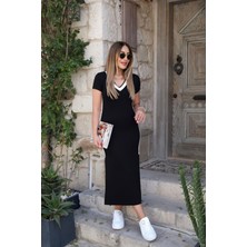 Mossta V Yaka Yandan Şeritli Elbise Siyah