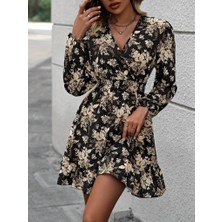 Pusula Sepeti Kadın Uzun Kollu Kruvaze Yaka Beli Gipeli Çiçek Desenli Kısa Dalgıç Elbise