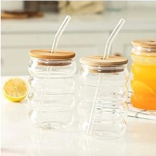 Storemax 2 Adet Şeffaf Cam Pipetli Ahşap Kapaklı Dayanıklı Şeritli Boğumlu Bardak – Kahve ve Meyve Suyu Için