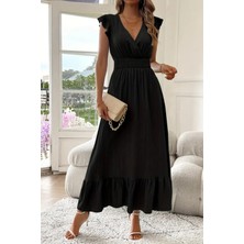 Mossta Kruvaze Yaka Bel Lastikli Müslin Elbise Siyah