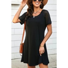 Mossta Çizgili File Kol Detaylı Yuvarlak Yaka Viskon Elbise - Siyah