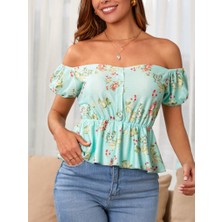 Pusula Sepeti Kadın Kısa Kollu Madonna Yaka Çiçek Desenli Düğme Detay Gipeli Süprem Kumaş Bluz