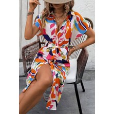 Mossta Kısa Kollu Düğmeli Desenli Süprem Elbise - Desenli