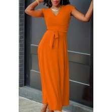 Mossta V Yaka Kuşaklı Kısa Kollu Uzun Viskon Elbise - Turuncu