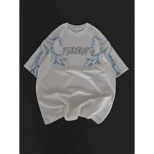 Pusula Sepeti Unisex Bisiklet Yaka Baskılı Oversize T-Shirt - Beyaz