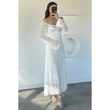 Gülseli Dantel Detaylı Ispanyol Kol Uzun Elbise P-00019340