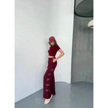 Pusula Sepeti Osy Modal Yumuşak Dokulu Kumaş Nakış Işlemeli Rahat Bol Paça Eşofman Pantalon - Bordo