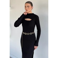 Gülseli Kadın Göğüs Dekolteli Yırtmaçlı Kolye Aksesuarlı Likralı Triko Elbise P-00019374