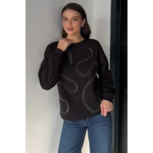 Gülseli Kadın Taşlı Bisiklet Yaka Şardonlu Sweatshirt P-00019311