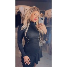 Maison MeDa Kadın Siyah Simli Mini Scuba Yüksek Yaka, Uzun Kollu Şık Gece Elbisesi