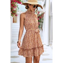 Mossta Halter Yaka Eteği Volanlı Kuşaklı Elbise Kahve