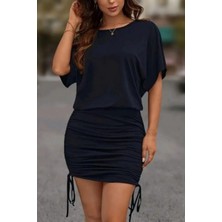 Mossta Kısa Kollu Bisiklet Yaka Büzgülü Kısa Viskon Elbise Lacivert