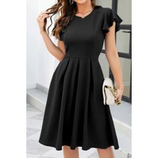 Mossta Bisiklet Yaka Fırfır Kollu Kloş Krep Elbise - Siyah